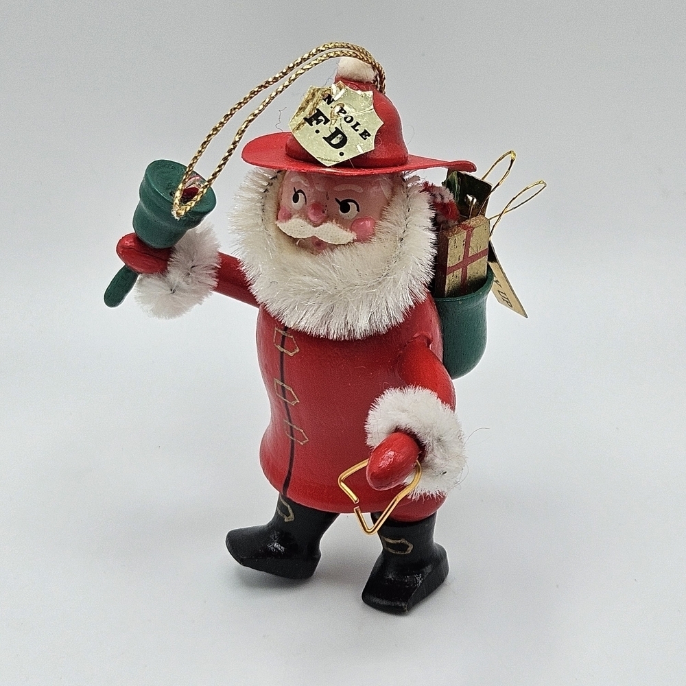 VINTAGE Kurt Adler Wooden Fireman Santa Claus Christmas Ornament 1984